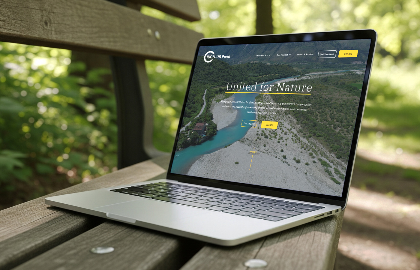 laptop sitting on bench in national park with a conservation website on the screen