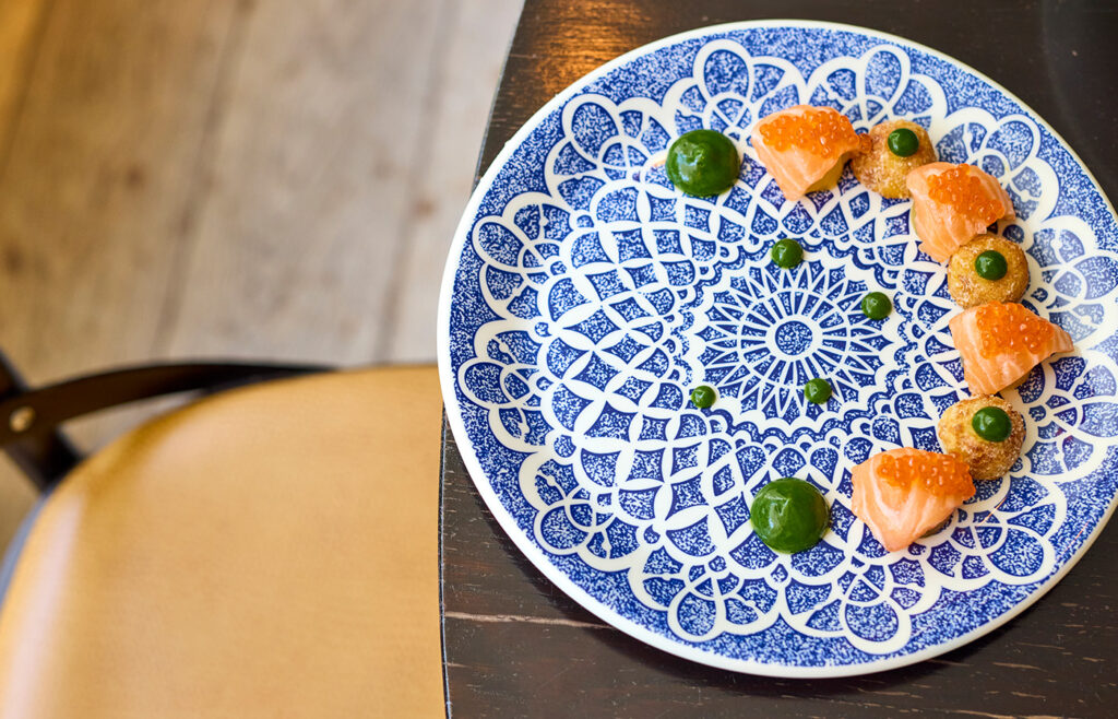 appetizer dish sitting on table in Italian restaurant from above